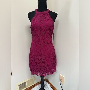 Lulu's Magenta Floral Lace Halter Mini Dress